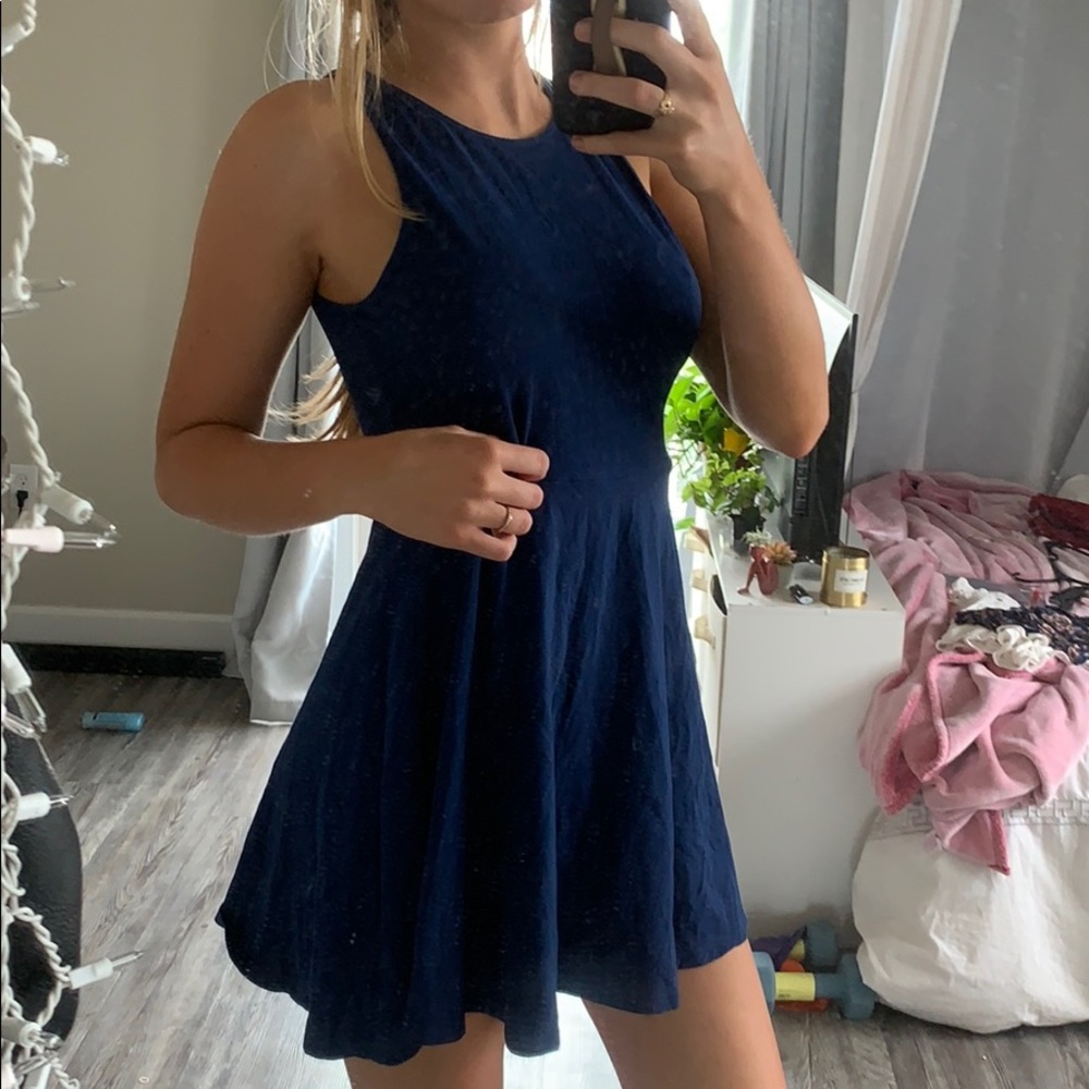 Navy blue skater high neck mini dress